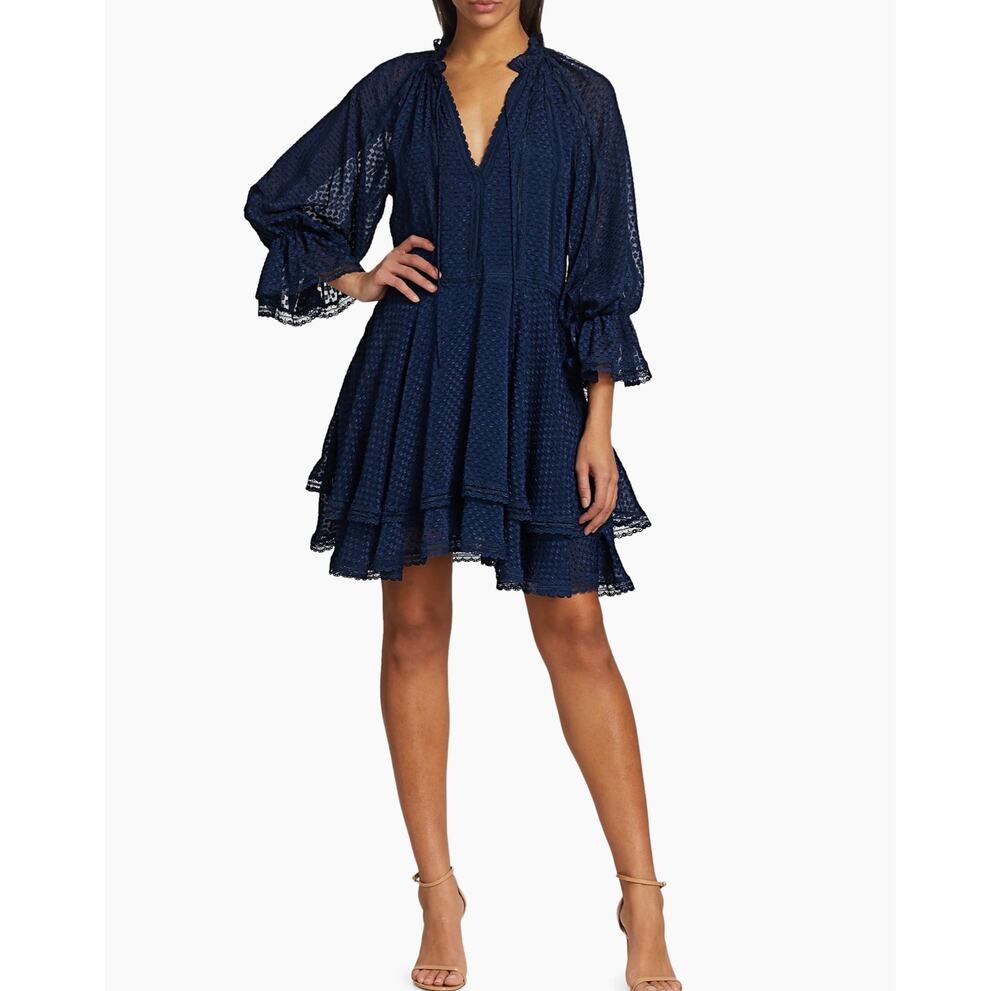 Alice + Olivia Dress Size 4 Navy Blue Lace Ruffle Tiered Long Sleeve Mini